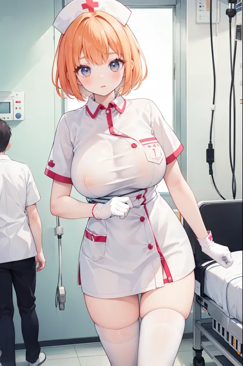 1boy, 独奏, male focus, nurse, white nurse cap, white nurse uniform, ((white legwear, zettai ryouiki)), white gloves, short hair, orange hair, ((, )), standing, ((hospital room)), sharp outline, short sleeves, shota, , best quality, masterpiece、Huge breasts、...