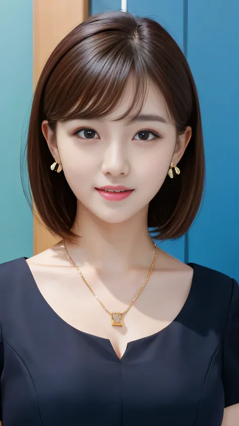 RAW Photos, High resolution, Very detailed, Intricate details, 、ear piercing、、short hair、Black Hair、Clear beauty、 Office Lady Suits 、Necklace around the neck、, The background is the office
