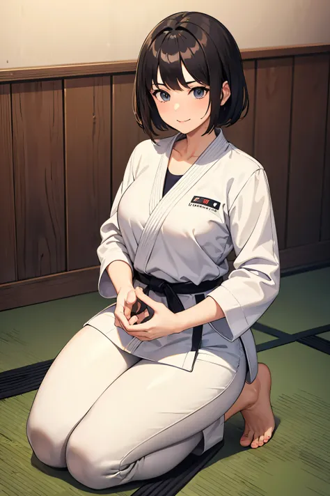 ((masterpiece, Highest quality, Very detailed, Very nice 8K CG wallpaper)), One girl, alone, Quite large breasts, Big Breasts,Big Tits,Medium Hair, Black Hair, short hair,Iris, Daugi, Long sleeve, Martial arts belt, White pants, barefoot, dojo, Sitting ast...
