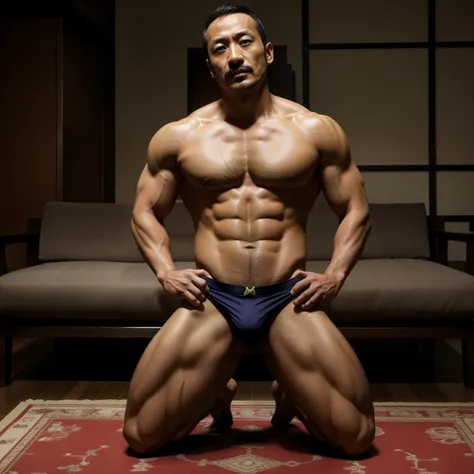 40 years old，Hidetoshi Nakata，（Kogoro Mori 1.3），whole body，rope，tie，Lean，muscle，Kneeling，Suit，Pillar，rope，black，foot，sock，sofa，transparent，Thick body hair，underwear，Topless，Densely hairy，Fortitude，HD，With a mustache