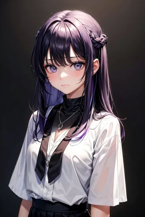 masterpiece,1 girl,alone, A faint smile, metal necklace, White shirt, modern school uniform, Accessories, Purple and black two-tone hair color, unique hairstyle, fashionable, black background