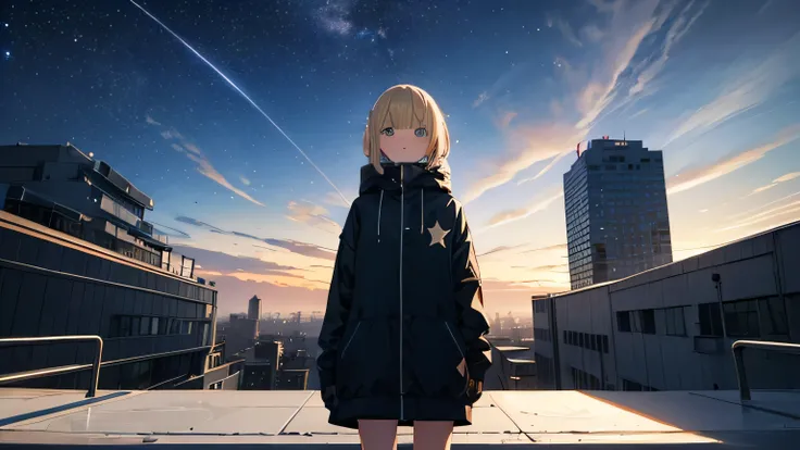 ((masterpiece)),(((Highest quality))),((Very detailed)),Octane, null, star (null), scenery, starry null, night, One girl, Put on headphones,Standing on the roof, Blonde Bob Hair,night null, alone, Outdoor, building, cloud, milky way