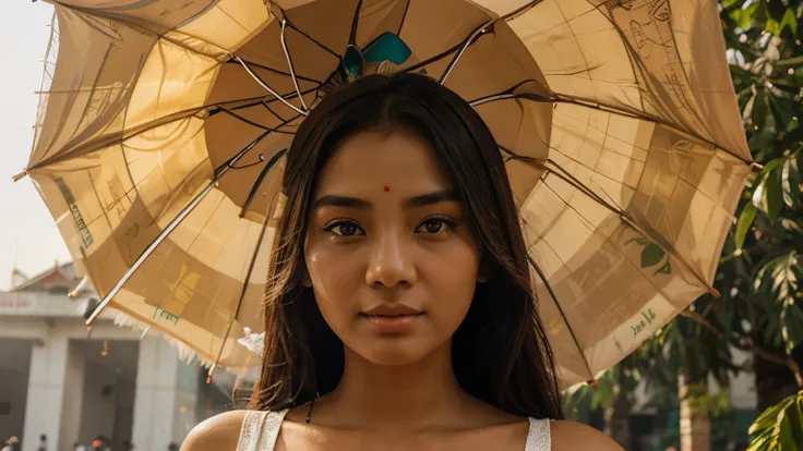 beautiful myanmyar girl standing in front of the shwedagon pagoda with umbrella , against the sunlight , detailed , realistic