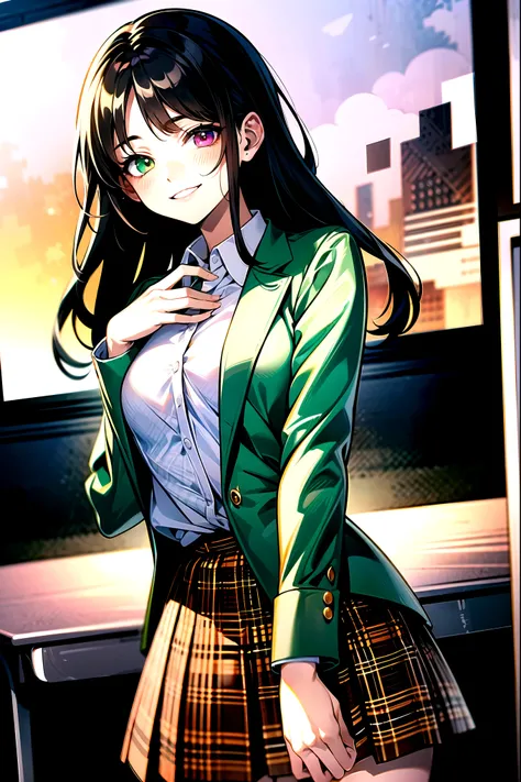 （（super high quality,））（（Ultra-high resolution,））（16K,）（super masterpiece,）（（Ultra HD ,））（Detailed shading,）Upper body photo,One sexy high school girl,Blue-green blazer,（（White dress shirt with upturned collar,））Open chest,The third button is open,Brown pl...