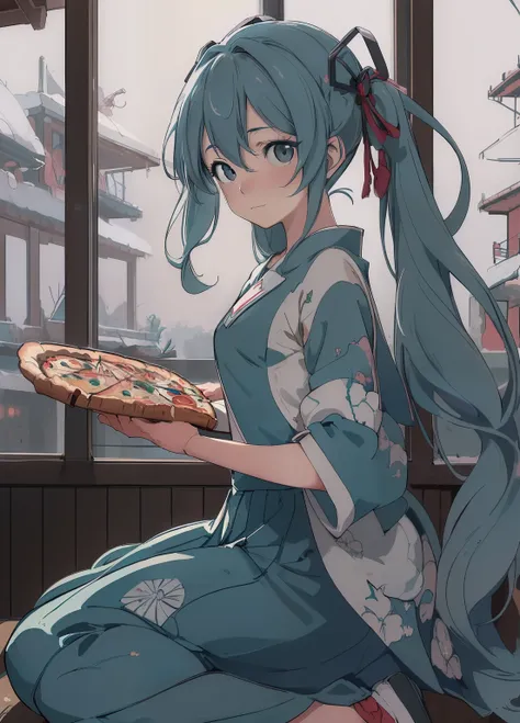 (masterpiece、Highest quality、Highest quality、Official Art、Beautiful and beautiful:1.2)、(One person:1.3)Hatsune Miku、Twin tails,Beautiful breasts, Katsushika Hokusai,(masterpiece), Highest quality, (thin, chest), pizza, indoor, restaurant, presenting a tray...