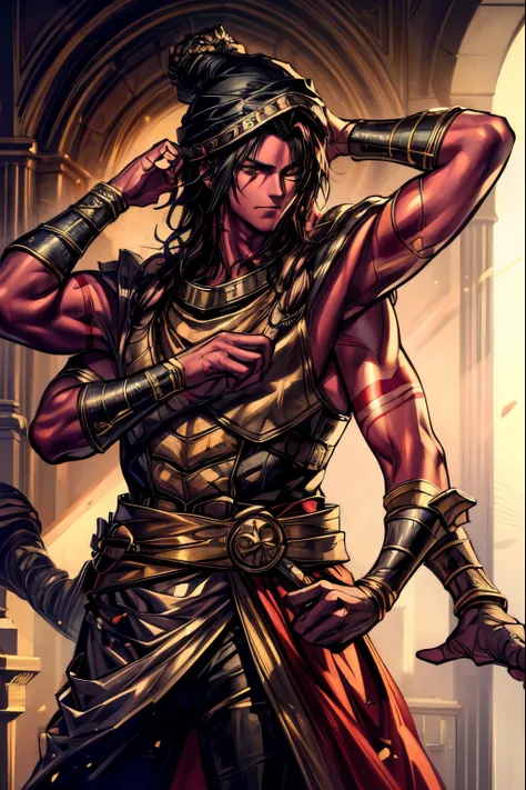 (masterpiece, best quality, photorealistic, hyper detailed, extremely detailed), 1boy, (male), intricate details, (red skin), piercing yellow eyes, four muscular arms, long black hair, yellow turban, heroic pose, dynamic lighting, cinematic atmosphere, vib...