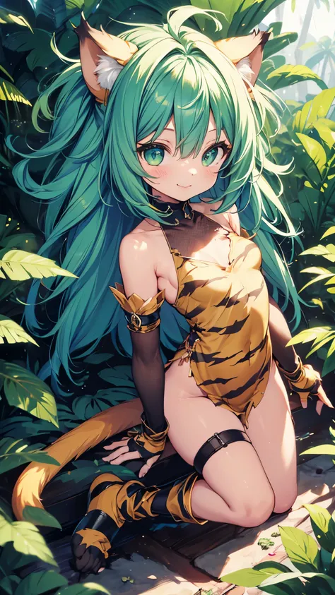 (chibi:1.3),skinny,slender,animal ears,gloves,animal hands,tiger print,animal print,tail,green hair,1girl,paw gloves,long hair,green hair,(messy hair,volumey),cat ears,green eyes,solo,paw shoes,shoes,fang,blush,looking at viewer,small breasts,smile,tiger e...