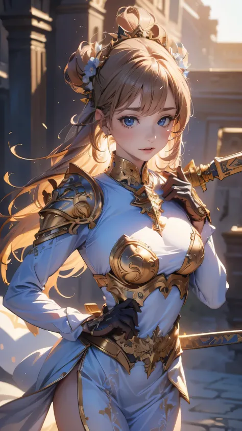 (8k, highest quality, masterpiece: 1.2), (Realistic, photoRealistic: 1.37), Super detailed, One Girl, Paladin with a sword imbued with light, Wide viewing angles, huge firm bouncing bust, Very delicate depiction, Miniature painting, Detailed depiction of t...