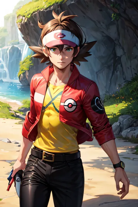 ((best quality)), ((masterpiece)), (detailed), ((male pokemon trainer)), red jacket, cave man, stubble, black pants, belt, short hair, frizzy hair, brown hair, green eyes, 