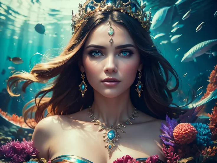 (best quality,4k,8k,highres,masterpiece:1.2),ultra-detailed,(realistic,photorealistic,photo-realistic:1.37),beautiful detailed eyes,beautiful detailed lips,extremely detailed eyes and face,longeyeslashes,water queen,flowing dress,crown,underwater palace,co...