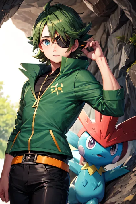 ((best quality)), ((masterpiece)), (detailed), ((male pokemon trainer)), green jacket, ((eye patch)), cave man, black pants, belt, short hair, frizzy hair, green hair, blue eyes, 