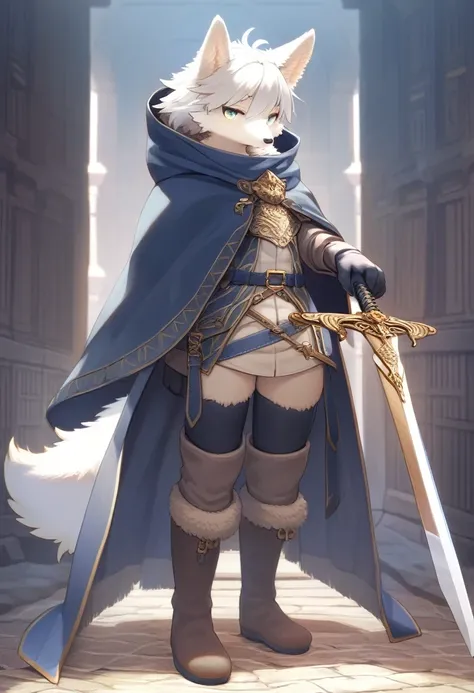 ((Masterpiece)), ((Best Quality)), (Very Detailed), ((Very Detailed)), 4K, (8K), very aesthetic, absurdres highres, 1 womans, (anthropomorphic wolf, furry, kemono:1.5), hood, solo, gloves, holding, weapon, cape, holding_weapon, boots, cloak, male_focus, st...