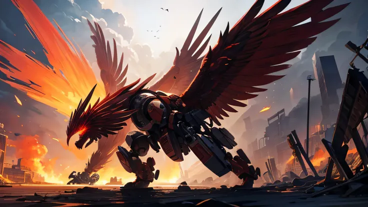 red theme, Phoenix Mecha, Head for rooster chicken head, mecha wings, cyberpunk, best quality, ​masterpiece, unmanned, Full body, Mechanical marvel, Powerful, Mond, Ruinenstadt, Digital art of the highest quality, stunning art, Wallpaper 4k, muito detalhad...