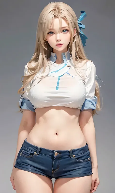 realistic, 1girls, Asuna Ichinose (blue archive), best quality, 12k, HD, long hair, big round breasts, slim hips, blue eyes, beige hair, bangs cover one eye, super detailed, Eye details , hair details, person details, mouth details, face details, breast de...