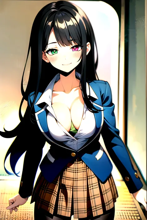 （（super high quality,））（（Ultra-high resolution,））（16K,）（super masterpiece,）（（Ultra HD ,））（Detailed shading,）Upper body photo,One sexy high school girl,Blue-green blazer,（（White dress shirt with upturned collar,））Open chest,The third button is open,Cleavage...