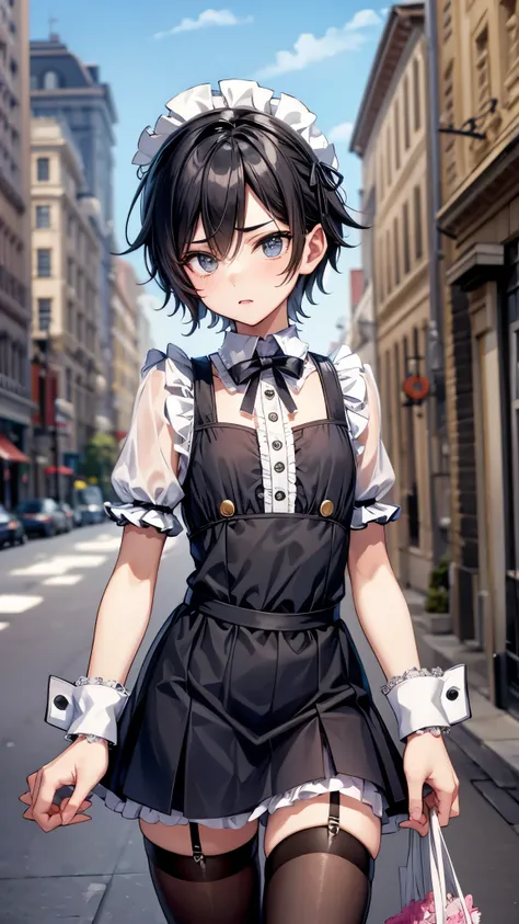 Inside the street,one boy,fem boy,black short hair,slender body,((flat chest)),displeased,sulky,((French maid)),((tights)),((pamps)).