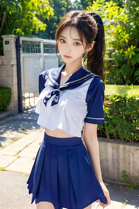 (Ultra HD), (Looking at me), (The whole body is shown), (Short-sleeved sailor uniform, Navy blue mini skirt), Big Breasts, Super beautiful breasts, slender, (Thin legs:1.2), (Thin thighs:1.2), (Thin Hips:1.4), (Beautiful Skin, Shiny skin, White skin), (Sup...