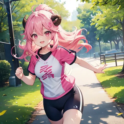 An anime-style illustration of ‘Fua-chan’ running with a bright, cheerful smile. Fua-chan has distinctive features: long pink hair styled in soft curls resembling sheep’s horns, and pink eyes. She is depicted in mid-stride, her hair flowing behind her as s...