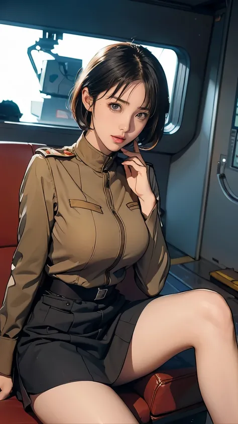 、Earth Federation Operator Girl Soldier、Black short hair、Large Breasts、Idol-level cuteness、Childish face and appearance、Operator intercom mounted on head、Accurately drawn faces、thin、Earth Federation Army in a healthy knee-length skirt style、Knee-length、Ins...