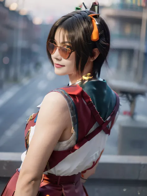 20 year old Japanese beauty，One woman、Muscular body like a bodybuilder、Emphasize the breasts、He has a tortoiseshell comb on his head.、Slit eyes、A head-to-toe view，Bust is very very small、Wall Street in the background、High quality photos、Clear, crisp images...