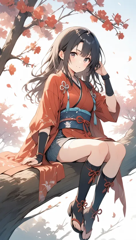 vector art、female ninja、sengoku period、female ninja、cute、sitting on a tree branch