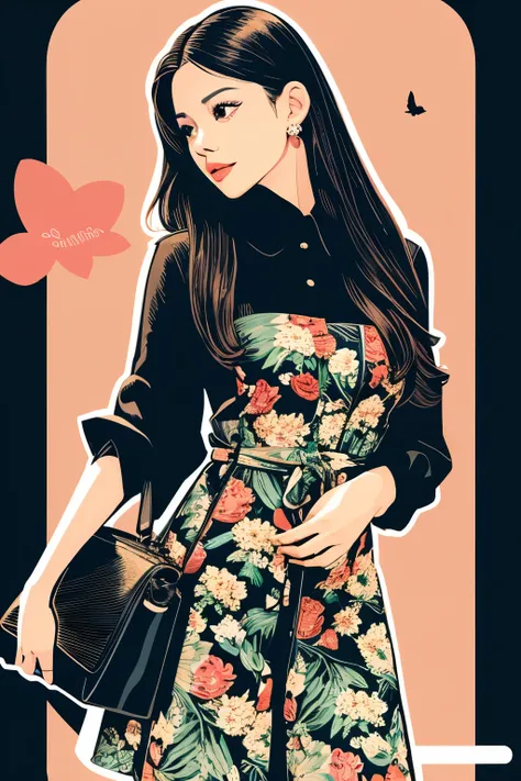 print、(Illustration style)、Woman looking this way、(highest quality)