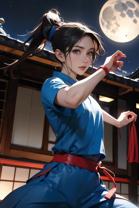 A warrior with a concentrated expression, He is wearing a blue martial arts uniform with a red belt., Holding a sword and a shuriken. The figure has long hair tied in a high ponytail.、Wearing a headband. The stage is、Night cityscape with traditional Japane...