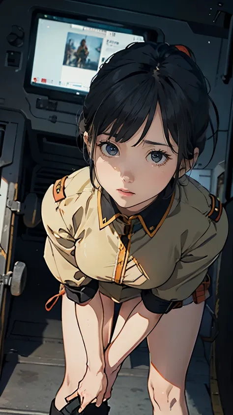 、Earth Federation Operator Girl Soldier、Black short hair、Large Breasts、Idol-level cuteness、Childish face and appearance、Operator intercom mounted on head、Accurately drawn faces、thin、Earth Federation Army in a healthy knee-length skirt style、Knee-length、Ins...