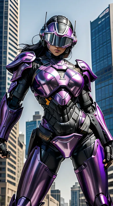 Female Robocop Solo、Bright outdoors、strong light source、8k, high quality, masterpiece, 最high quality, Crisp contrast、Very detailed、full body armor、Very large armor、Helmet covering the head、Clear photos、The eyes are pale, Translucent Straight Goggles.:1.3、T...