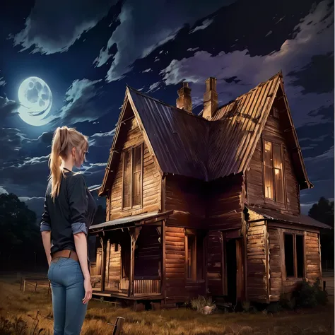 side view, standing, medium-length ponytail, casual dark shirt, denim jeans, focused gaze, smooth fair skin, outdoor scene, old wooden house, moonlit night, clouds in the sky, eerie atmosphere, deep shadows, natural moonlight from left, underexposed backgr...