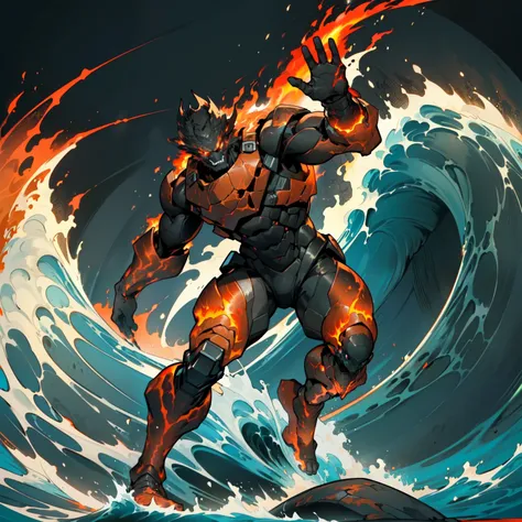 (humanoid creature with thick, dark skin like dried lava rock), ((eyes red as fire)), ((90 kg, 1,80 m, very ugly physical type)), (((full body shooting a wave of fire))),