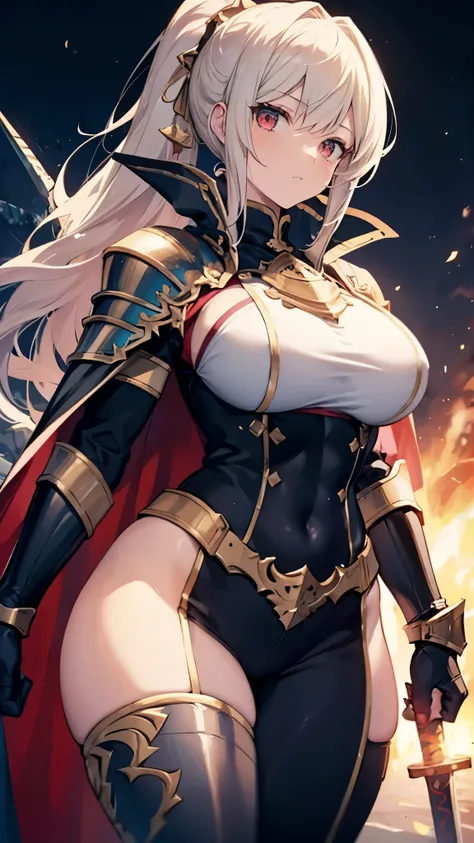 female, knight, big sword, dragon knight, busty, wide hips, bbw, abs, gauntlets, ponytail, cape, red armor, gold, battle