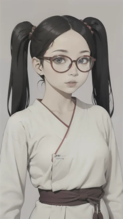 Beautiful woman、Japanese、Medium bust、Simple Background、White clothes、Very thin、long, straight black hair、1 person、Twin tails、Staring at the camera、White skin、Red glasses
