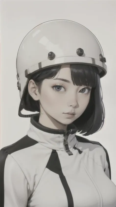 Beautiful woman、Japanese、Medium bust、Simple Background、White jumpsuit、Very thin、long, straight black hair、1 person、Shortcuts、Staring at the camera、White skin、Red full face helmet。