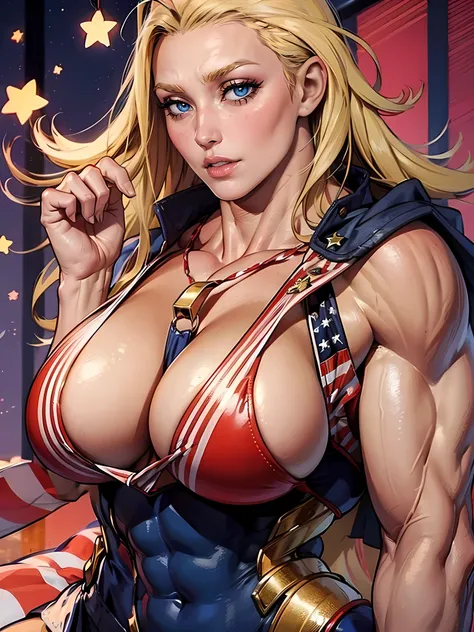 Masterpiece, (Massive Female Bodybuilder:1.7), ((Huge Breasts:1.7)), domino mask, american flag print, striped bodysuit, red cape,starandstripe, antenna hair