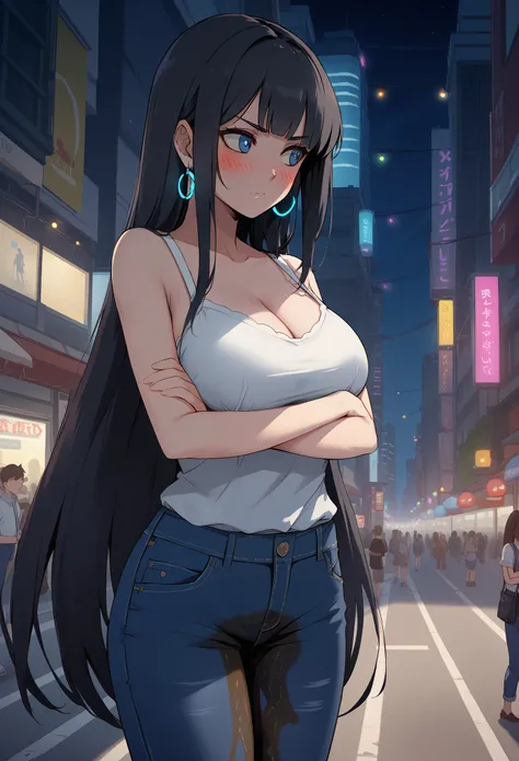 1girl, woman, (wetting self:1.5), desperation, (very long hair:1.5), straight hair, medium bangs, huge breasts, black hair, blue eyes, jeans, cleavage, (blushing:1.5), humiliation, angry, trembling, (arms crossed:1.5), city, street, crowd, night, futuristi...