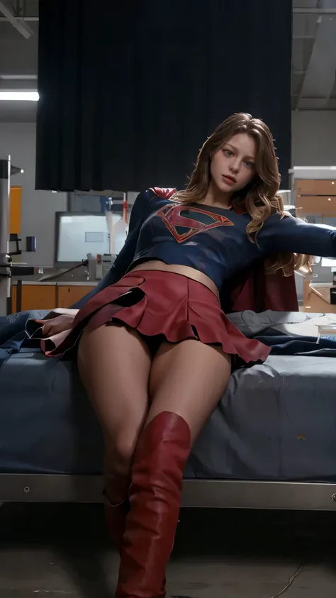 supergirl, (((laying down on a metal bed in the laboratory))), ((sleeping)), ((unconscious)), eyes close, she is wearing red skirt, (skirt is tattered:1.2), (tatter skirt:1.6), open her legs, can see blue panties, pantyhose, boots, Melissa Benoist, beautif...