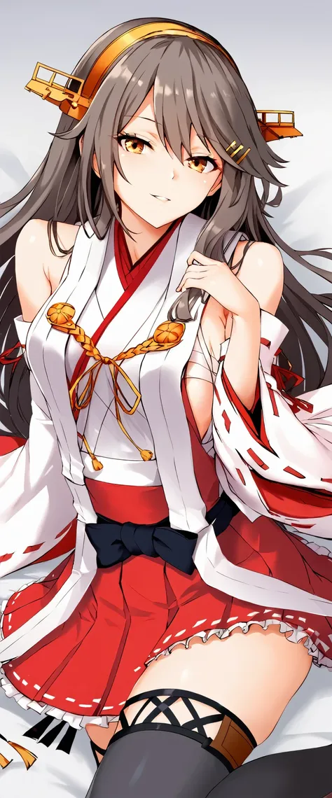 Highest quality　masterpiece　High resolution　1 person　Fleet Collection_Haruna　harunakainiKC, long hair, skirt, hair ornament,thighhighs, hairband, detached sleeves, japanese clothes, hairclip, red skirt, Headgear, ribbon trim, nontraditional miko, ribbon-tr...