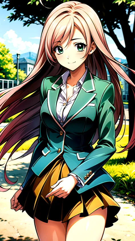 （（super high quality,））（（Ultra-high resolution,））（16K,）（super masterpiece,）（（Ultra HD ,））（Detailed shading,）,One high school girl,Pink long hair,Green blazer,（popped Tight collar White shirts,）（（Even the third button is undone.,））mini skirt,The wind lifts ...