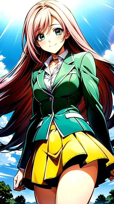（（super high quality,））（（Ultra-high resolution,））（16K,）（super masterpiece,）（（Ultra HD ,））（Detailed shading,）,One sexy high school girl,Pink long hair,Green blazer,（popped Tight collar White shirts,）（（Even the third button is undone.,））mini skirt,The wind l...
