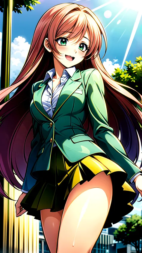 （（super high quality,））（（Ultra-high resolution,））（16K,）（super masterpiece,）（（Ultra HD ,））（Detailed shading,）,One sexy high school girl,Pink long hair,Green blazer,（popped Tight collar White shirts,）（（Even the third button is undone.,））mini skirt,The wind l...