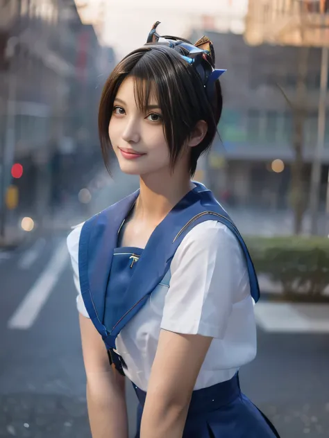 20 year old Japanese beauty，One woman、Muscular body like a bodybuilder、Emphasize the breasts、He has a tortoiseshell comb on his head.、Slit eyes、A head-to-toe view，Bust is very very small、Wall Street in the background、High quality photos、Clear, crisp images...