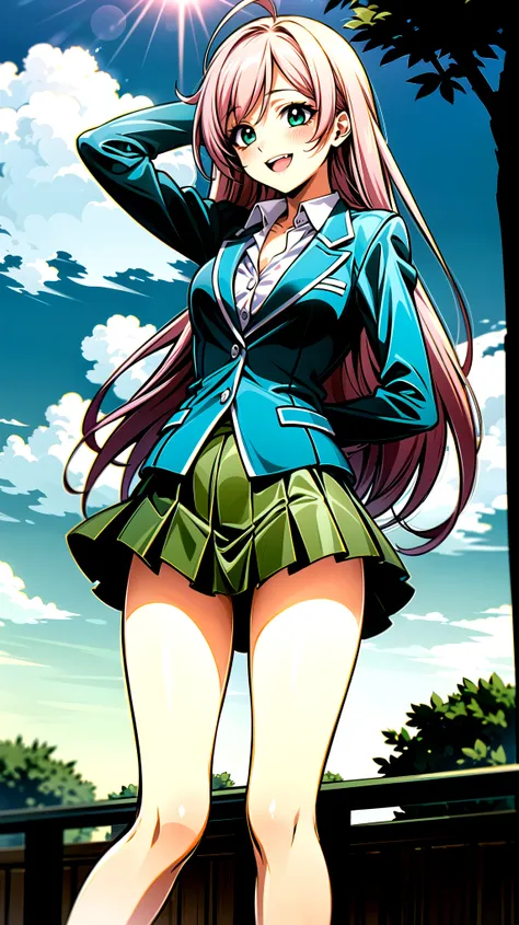 （（super high quality,））（（Ultra-high resolution,））（16K,）（super masterpiece,）（（Ultra HD ,））（Detailed shading,）,One sexy schoolgirl,（（Pink long hair,））Green blazer,（popped Tight collar White shirts,）（（Shes unbuttoned down to the fourth button.,））mini skirt,Th...