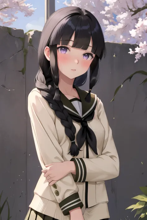 best quality, masterpiece, highres, solo, (kitakami_kantaicollection:1.15), long_hair, black_hair, braid, bangs, single_braid, blunt_bangs, sidelocks, serafuku, purple_eyes, 1girl, school_uniform, hair_over_shoulder, looking_at_viewer, blush