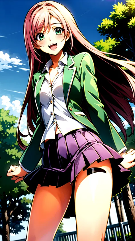（（super high quality,））（（Ultra-high resolution,））（16K,）（super masterpiece,）（（Ultra HD ,））（Detailed shading,）,One sexy schoolgirl,（（Pink long hair,））One long stray hair from the top of the head,Green blazer,（popped Tight collar White shirts,）（（Shes unbutton...
