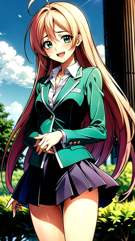 （（super high quality,））（（Ultra-high resolution,））（16K,）（super masterpiece,）（（Ultra HD ,））（Detailed shading,）,One sexy schoolgirl,（（Pink long hair,））One long stray hair from the top of the head,Green blazer,（popped Tight collar White shirts,）（（Shes unbutton...