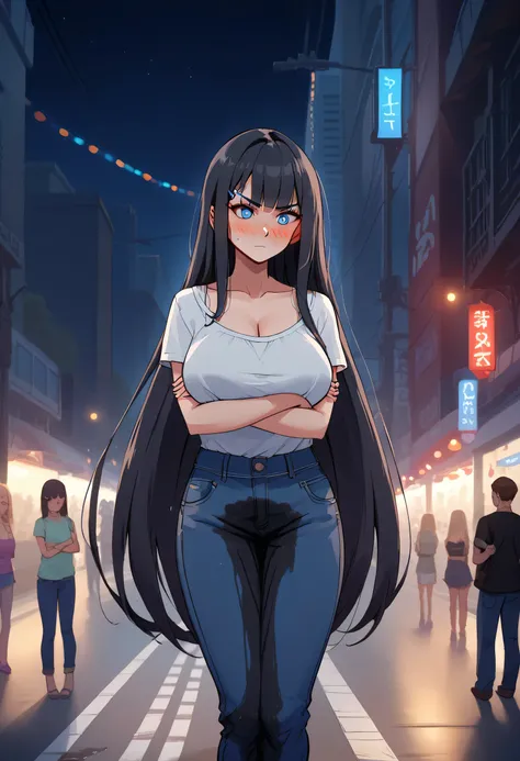 1girl, woman, (wetting self:1.5), desperation, (very long hair:1.5), straight hair, medium bangs, huge breasts, black hair, blue eyes, jeans, cleavage, (blushing:1.5), humiliation, angry, trembling, (arms crossed:1.5), city, street, crowd, night, futuristi...