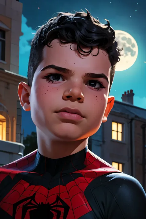 close-up face, thoe, ((a boy, 6yo)), marvel comic panel drawing: a boy with black eyes, in dynamic pose, short black hair , over...