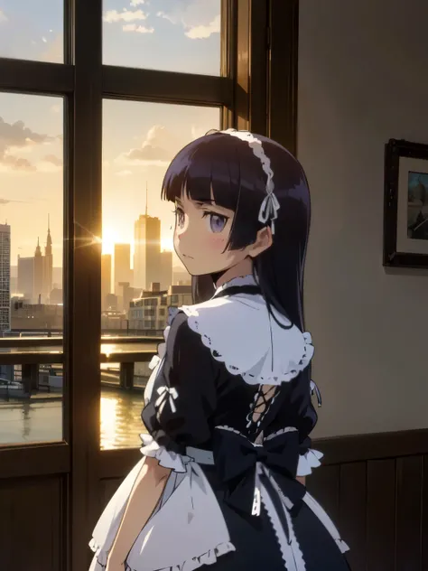 Backlight, Person silhouette, Sunset, dramatic, Light and shadow, Emphasized contours, (ruri gokou), woman, alone, Hime cut, woman, Long Hair, Gothic & Lolita Fashion, Lolita Fashion,