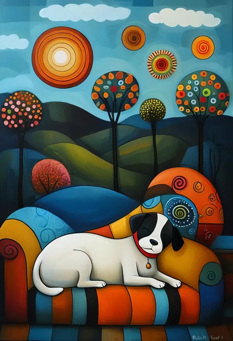 masterpiece,highest quality,oil painting of a dog sleeping on its stomach、style of karla gerard